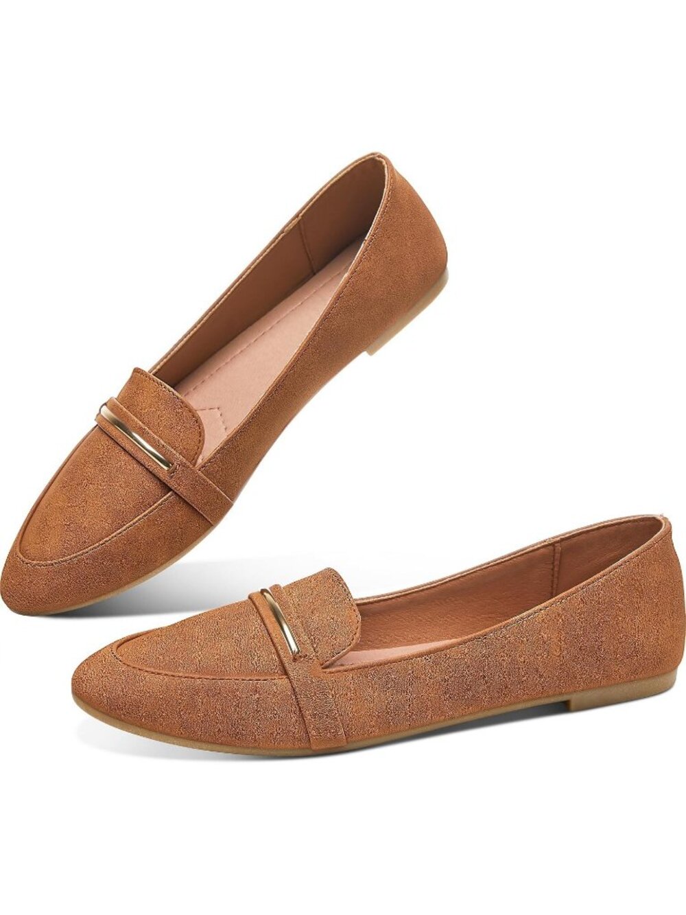 Women's Chestnut Faux Suede Leather Pointy Toe Penny Loafer Slip On Ballet Flats